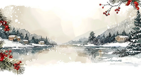 Winter landscape. Watercolor painting. Christmas and New Year background.の素材