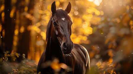 Beautiful brown horse in the autumn forest. Portrait of a horse in nature.の素材