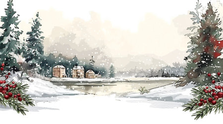 Winter landscape with fir trees, houses and lake. Watercolor illustration.の素材