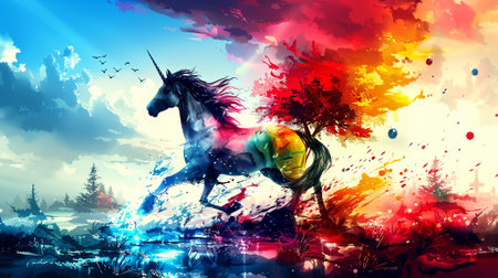 Unicorn flying over the forest. Colorful fantasy illustration.の素材