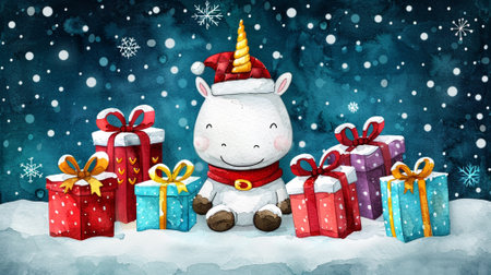 Cute cartoon unicorn with Christmas gifts and snowflakes on blue backgroundの素材