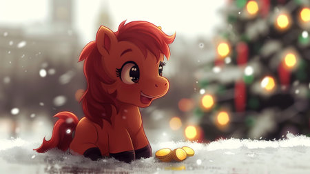 Cute cartoon horse on snow with christmas tree in background.の素材