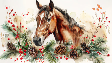 Horse portrait with christmas decoration. Watercolor hand drawn illustrationの素材
