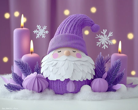 Christmas greeting card with Santa Claus and candles on a purple background.の素材