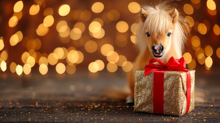 Cute miniature horse with gift box on bokeh lights backgroundの素材