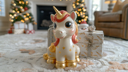Cute unicorn figurine with gift box in front of Christmas treeの素材