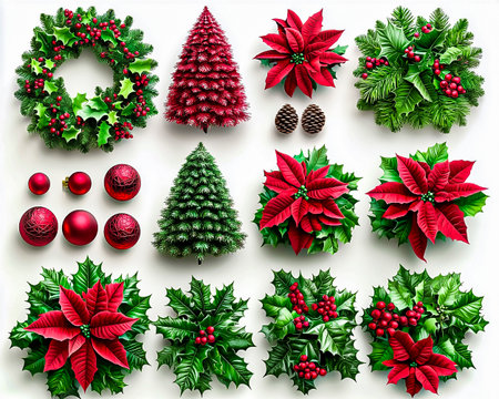 Christmas decoration set with poinsettia, holly, ivy, pine cones and red baublesの素材