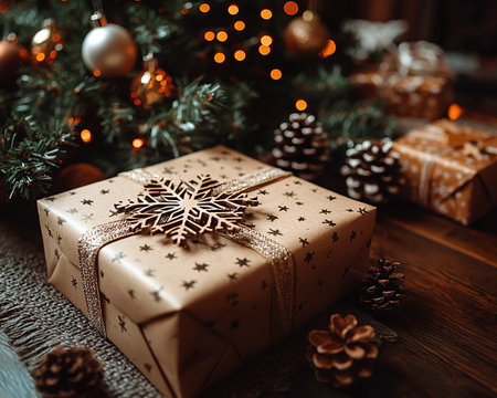 Christmas gift boxes and christmas tree on wooden background. Vintage tonedの素材