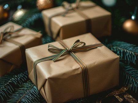 Christmas gift boxes on the background of a Christmas tree. Selective focusの素材
