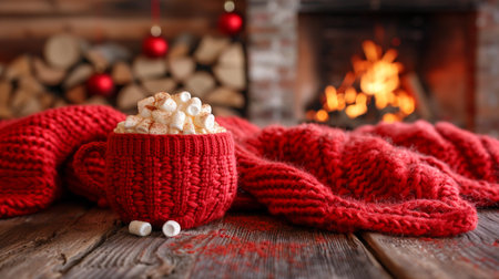 Cup of hot chocolate with marshmallows and scarf on wooden tableの素材