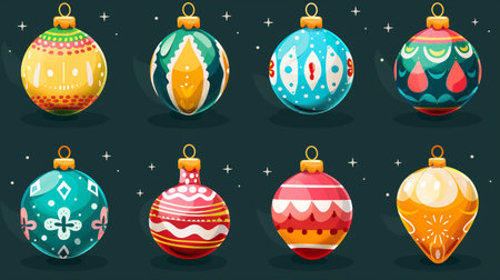 Set of colorful Christmas baubles. Vector illustration in cartoon style.の素材