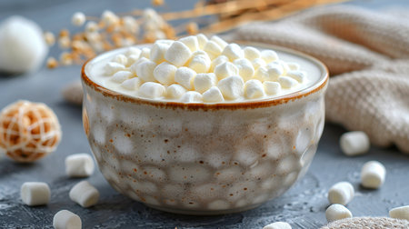 Cocoa with marshmallows in a ceramic bowl on a gray backgroundの素材