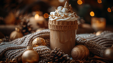 Hot chocolate with whipped cream and christmas decorations on a wooden backgroundの素材