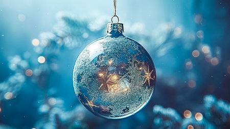 Blue christmas ball hanging on tree branch. Christmas and New Year conceptの素材