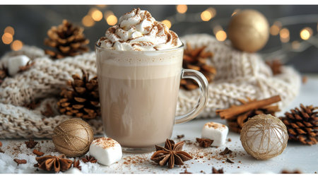 Cup of hot cocoa drink with whipped cream and christmas decorations on light backgroundの素材