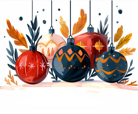 Watercolor christmas balls with branches and leaves. Vector illustration.の素材