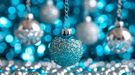 Christmas baubles on blue bokeh background close-upの素材