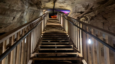 Wooden Stairway Leading Through Illuminated Underground Cave Passageの写真素材
