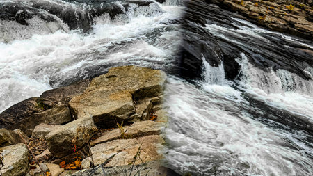 Mirrored River Rapids Flowing Over Rocks in Dynamic Motion
