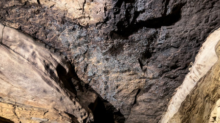 Textured Cave Ceiling with Dark Mineral Layers and Stone Patternsの写真素材