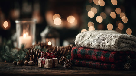 Warm rustic Christmas composition with small gift boxes, red bows, pinecones and ornaments arranged on dark wooden table, soft ambient light, cozy holiday moodの素材