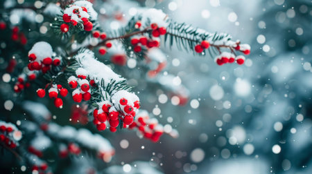 Evergreen branches and red berries on white snow in bright sunlight for a fresh winter aestheticの素材
