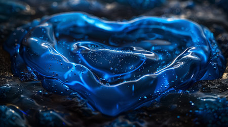 Crystal water heart forming from swirling blue liquid ribbons, suspended droplets, shimmering reflections, ethereal dreamlike style, soft bokeh lights, Valentine conceptの素材