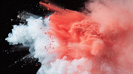 Dynamic explosion of red and white particles on dark background, romantic abstract burstの素材