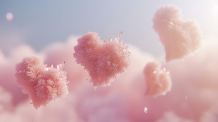 Crystal shards and hearts made of light, floating in soft rose mist, surreal minimalismの素材