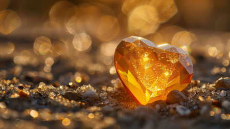 Elegant heart shaped gemstone reflecting golden light on soft bokeh background in macro photographyの素材