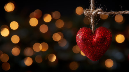 Romantic valentine s scene with red glitter heart on twine and soft bokeh lights atmosphereの素材