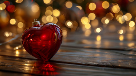 Heart shaped red ornament on wooden table with fairy lights for a cozy valentine s decorationの素材