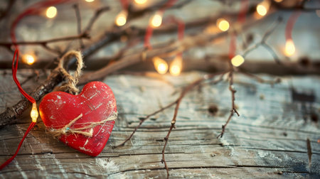 Heart shaped red ornament on wooden table surrounded by fairy lights for cozy valentine s decorの素材