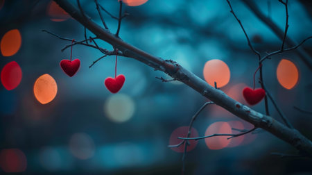 Cozy valentine urban scene with tree branches adorned with red hearts against evening city bokehの素材