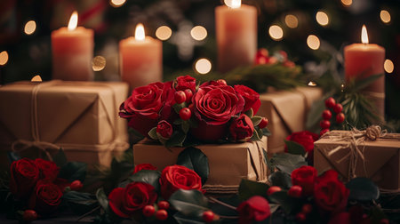 Romantic valentine arrangement featuring red roses, gift boxes, and warm glowing candlesの素材