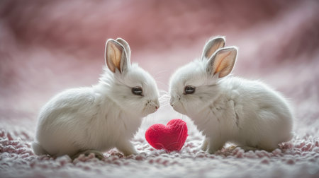 Two cute white rabbits facing each other with a red heart between them, soft pink background, gentle daylight, romantic Valentine animal coupleの素材