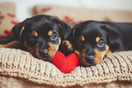 Two cute puppies snuggled together with a heart on a soft pastel valentine backgroundの素材