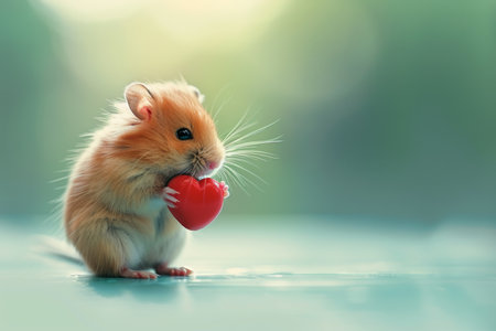 Adorable hamster clutching a tiny red heart on a soft pastel background for valentine s day charmの素材