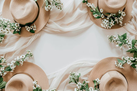 Stylish flat lay of fashion accessories with hats and scarves on a light neutral backgroundの素材