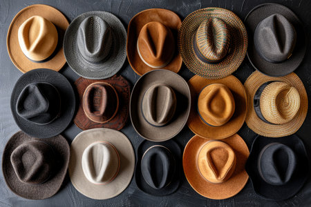 Stylized flat lay of symmetrically arranged hats on bright neutral background with warm lightingの素材