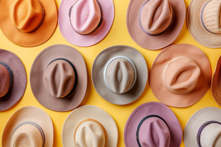 Symmetrical flat lay of stylized hats on bright neutral background with warm soft lightingの素材