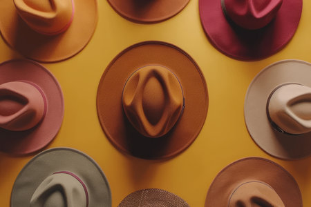 Symmetrical flat lay of stylish hats on a bright neutral background with warm soft lightingの素材