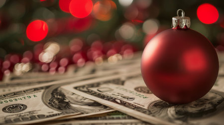 Elegant holiday scene featuring christmas tree ornaments beside a stack of fictional currencyの素材