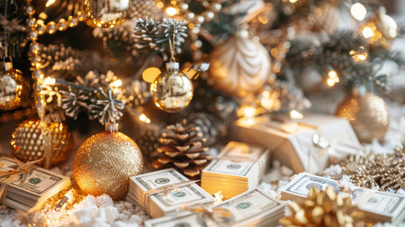 Christmas tree adorned with gold ornaments and money envelopes in a minimalist winter settingの素材