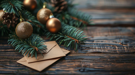 Elegant christmas tree with gold ornaments and money envelopes underneath in a minimalist settingの素材