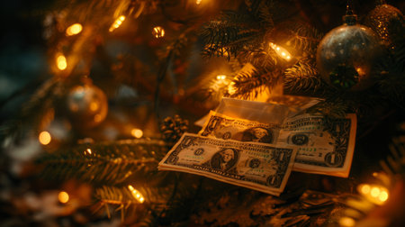 Elegant christmas tree with golden ornaments and money envelopes in a minimalist winter settingの素材