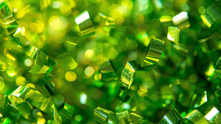 Festive abstract green confetti background with shiny paper strips and smooth bokeh highlightsの素材