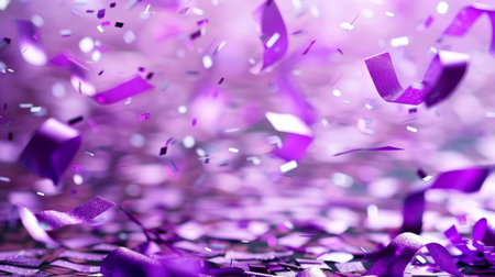 Dreamy abstract purple confetti background with shimmering strips and sparkly ribbon particlesの素材