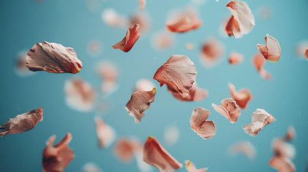 Soft pink flower petals floating in air against a light pastel background for a romantic atmosphereの素材