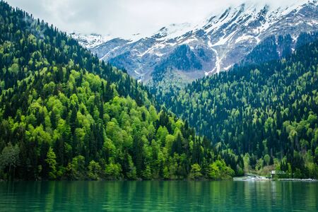 green mountain lake surrounded by spring mountainsの写真素材